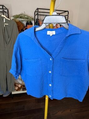 Anthropologie Womens Blue Button-Front Gauze Crop Shirt